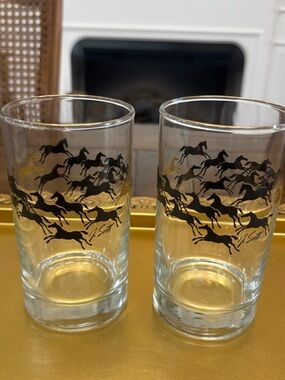 Two mid century modern Libbey  1970s J.Scott stampede horse glasses